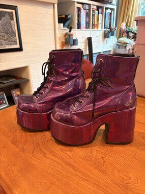 Demonia Camel-203 Purple Holographic Platform Boots - US 9 (measured), Chunky He